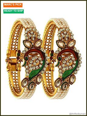 Gold Tone Cuff Bangle Bracelet Set Faux Pearl Peacock Hinged Openable